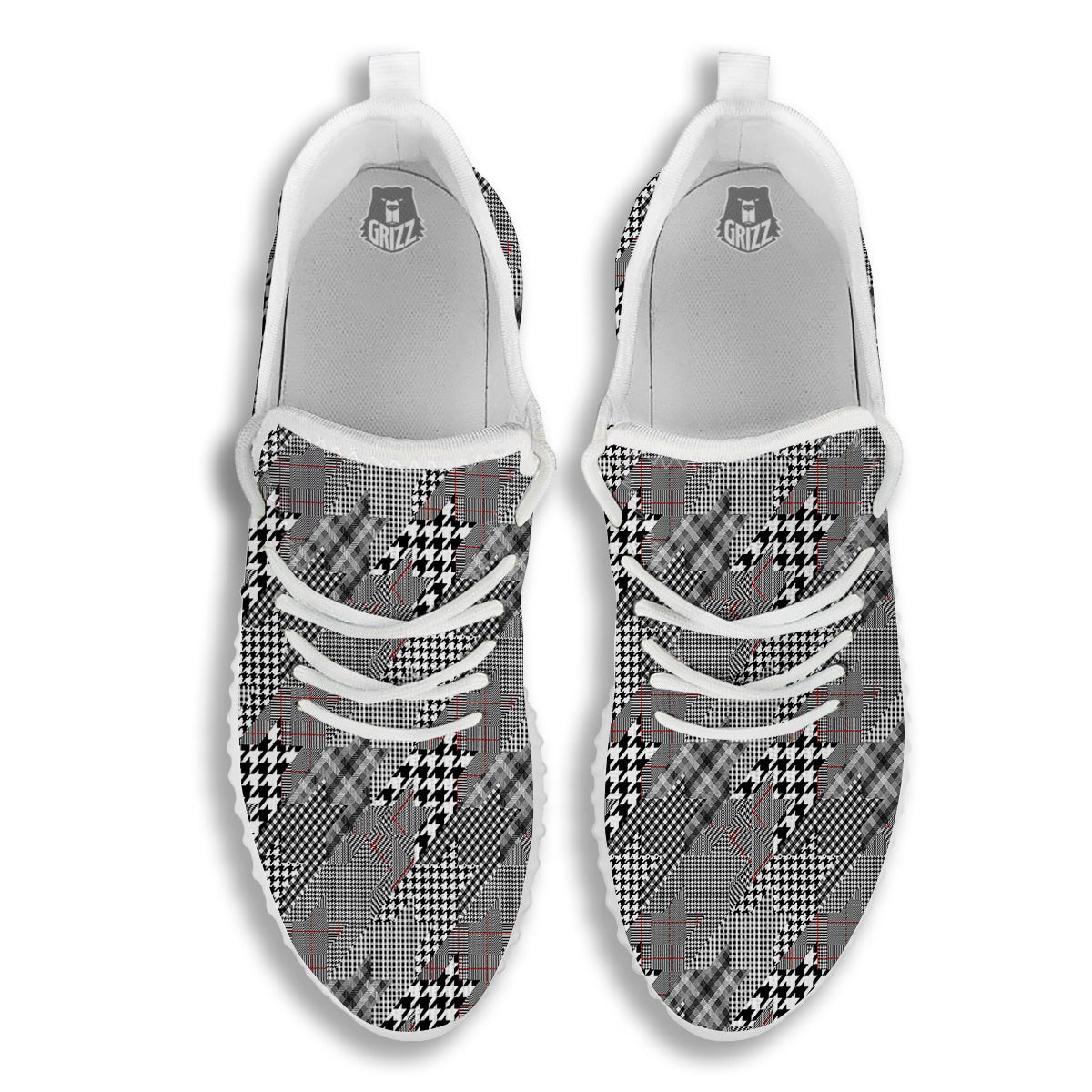 Geometrical Houndstooth Patchwork Print Pattern White Walking Shoes-grizzshop