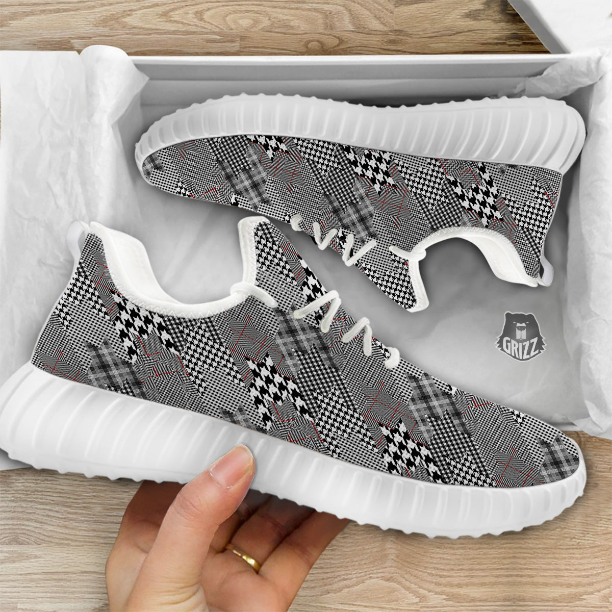 Geometrical Houndstooth Patchwork Print Pattern White Walking Shoes-grizzshop