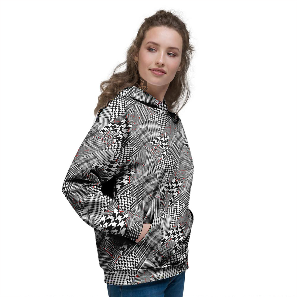 Geometrical Houndstooth Patchwork Print Pattern Women's Hoodie-grizzshop