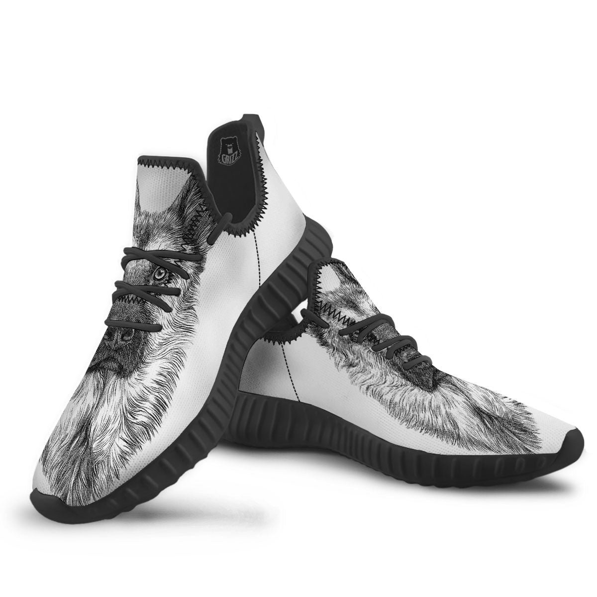 German Shepherd White And Black Print Black Walking Shoes-grizzshop