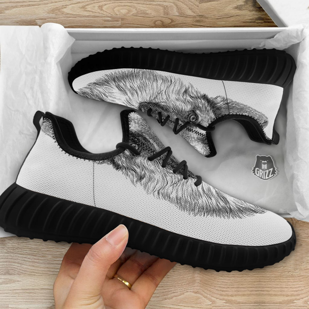 German Shepherd White And Black Print Black Walking Shoes-grizzshop