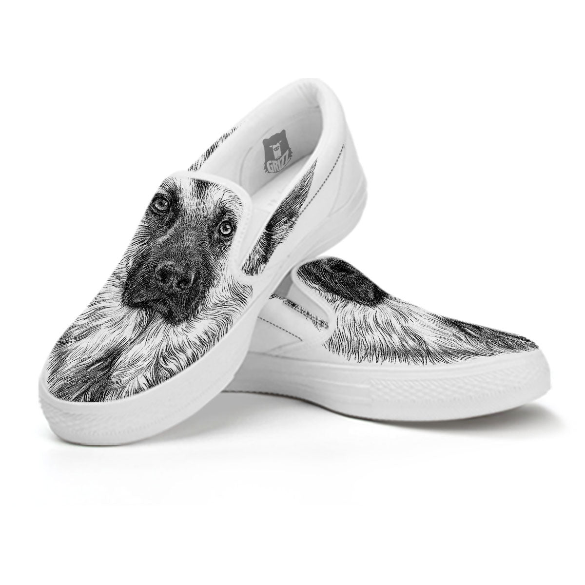 German Shepherd White And Black Print White Slip On Shoes-grizzshop