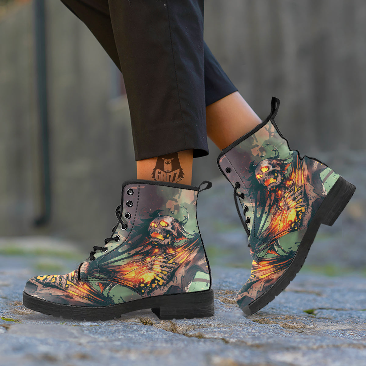 Ghost Skeleton Print Leather Boots-grizzshop