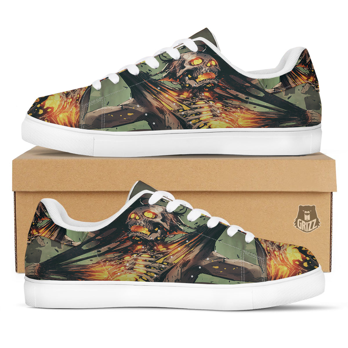 Ghost Skeleton Print White Low Top Sneakers-grizzshop