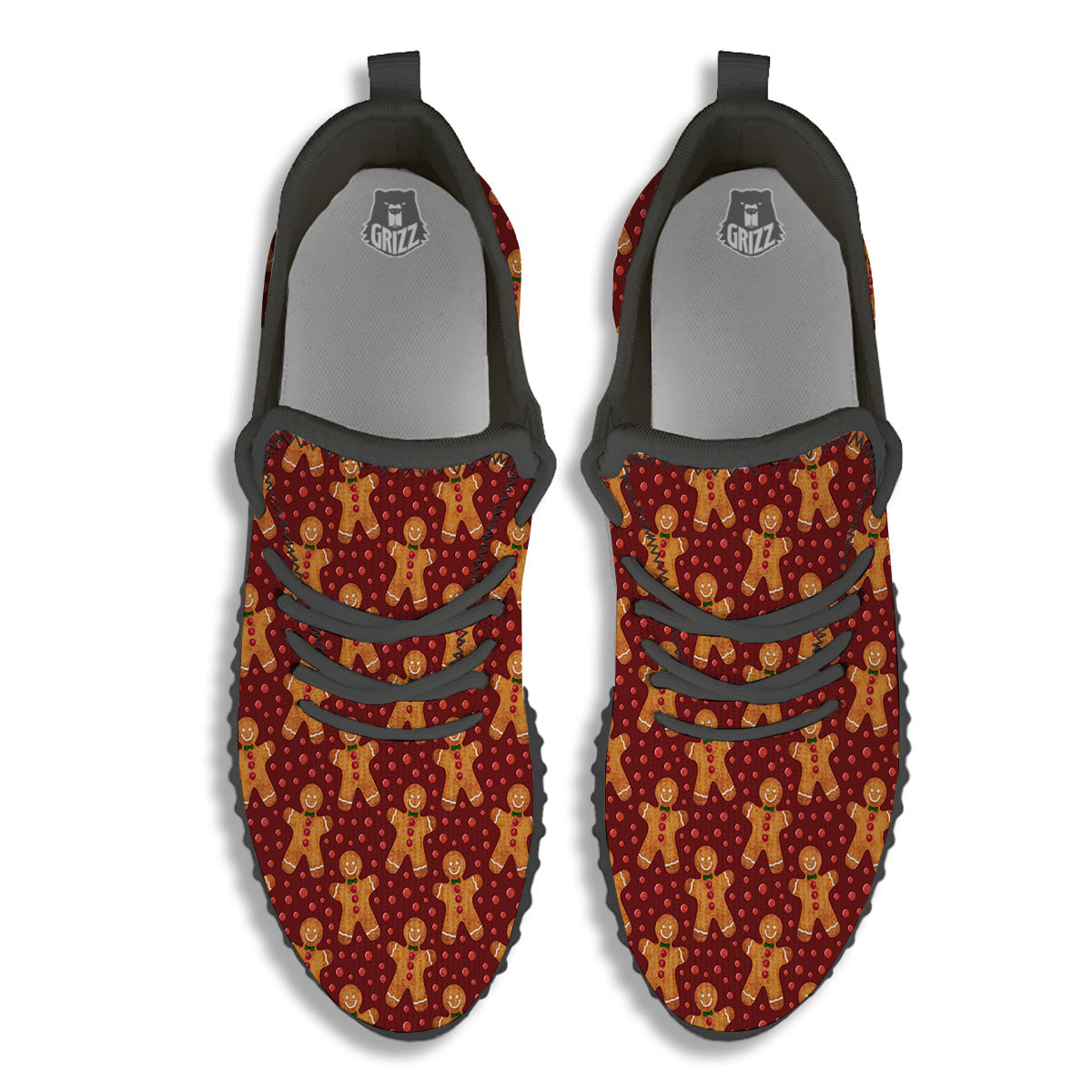 Gingerbread Brown Print Pattern Black Walking Shoes-grizzshop
