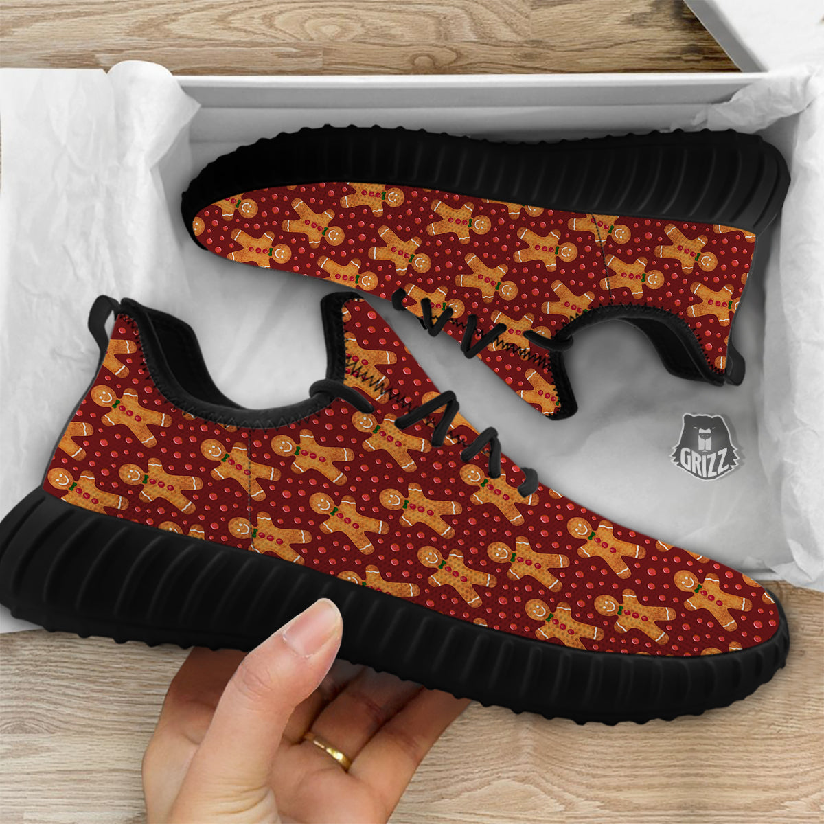 Gingerbread Brown Print Pattern Black Walking Shoes-grizzshop