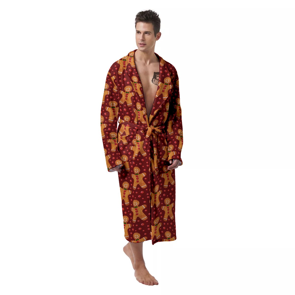 Gingerbread Brown Print Pattern Men's Robe-grizzshop