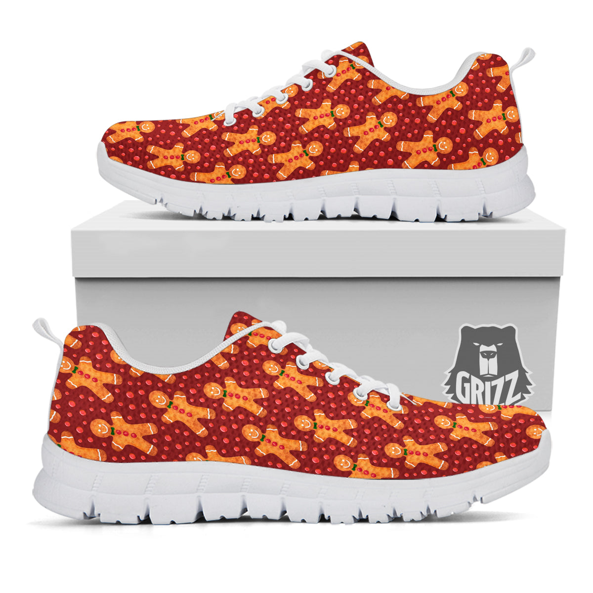Gingerbread Brown Print Pattern White Sneaker-grizzshop