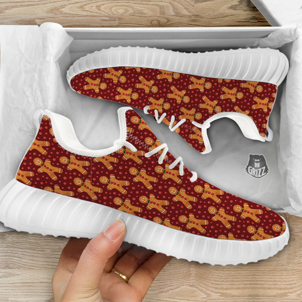 Gingerbread Brown Print Pattern White Walking Shoes-grizzshop