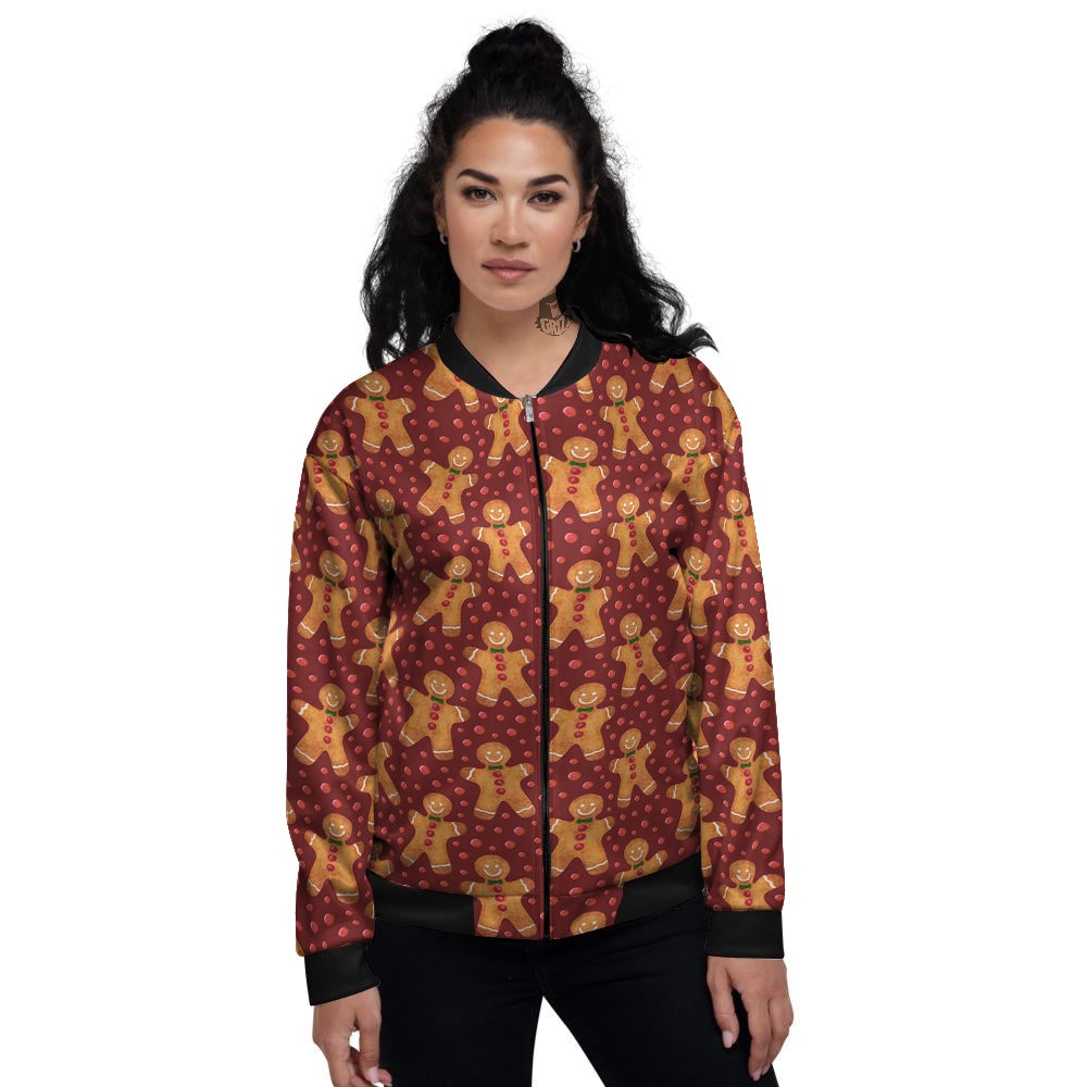 Gingerbread Brown Print Pattern Women's Bomber Jacket-grizzshop