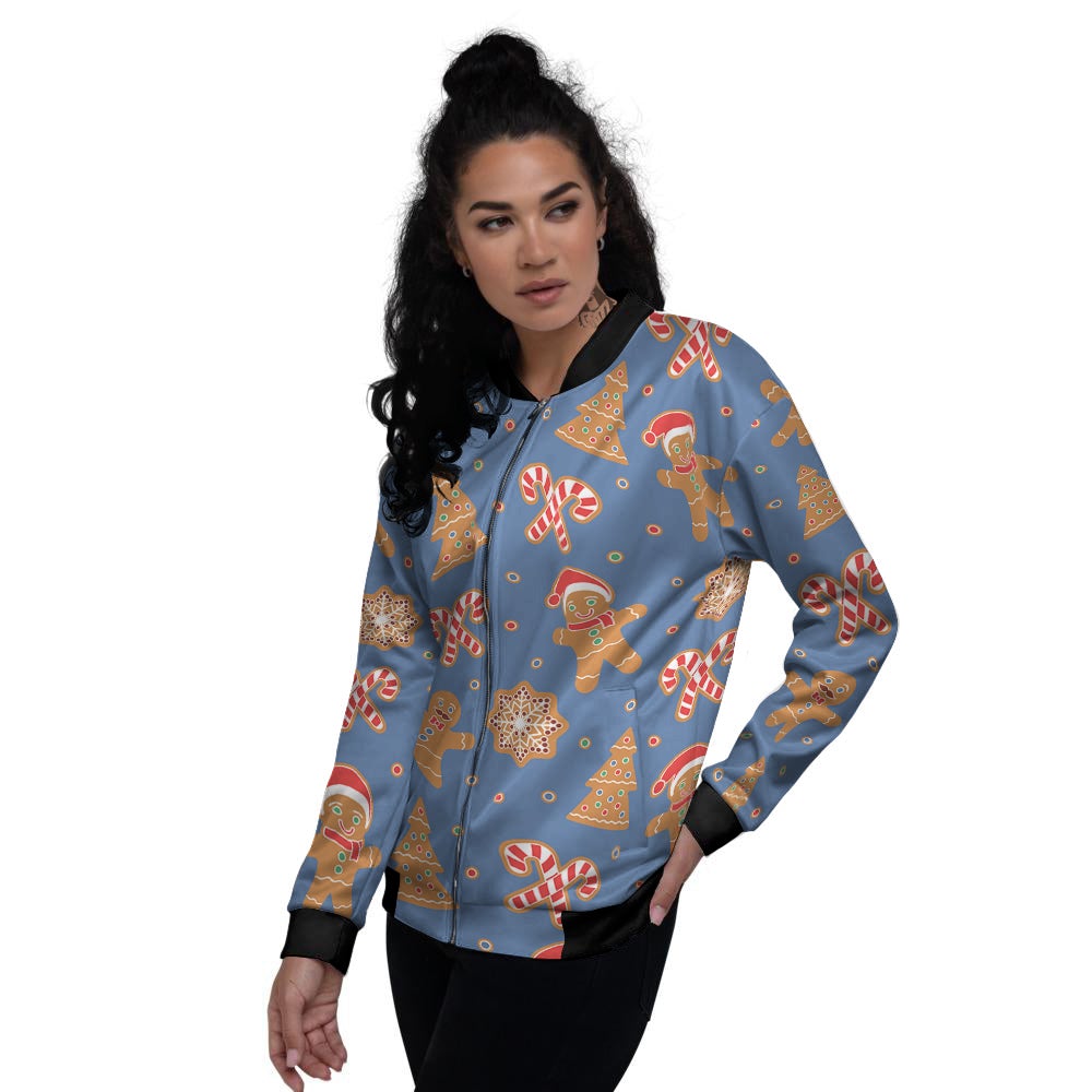 Gingerbread Man Xmas Print Pattern Women's Bomber Jacket-grizzshop