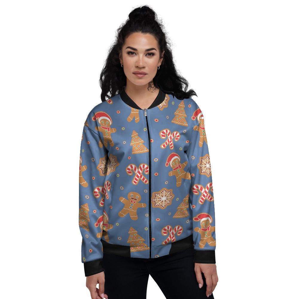 Gingerbread Man Xmas Print Pattern Women's Bomber Jacket-grizzshop