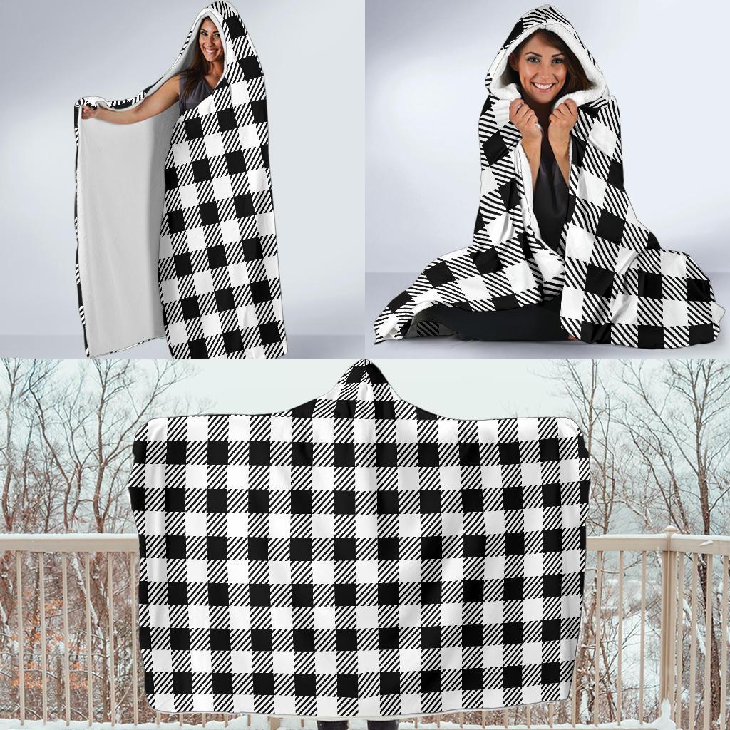 Gingham Black Pattern Print Hooded Blanket-grizzshop