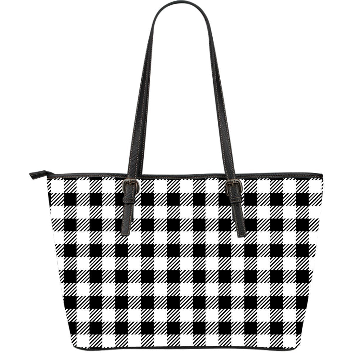 Gingham Black Pattern Print Leather Tote Bag-grizzshop