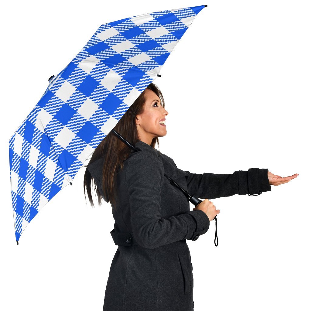 Gingham Blue Pattern Print Automatic Foldable Umbrella-grizzshop