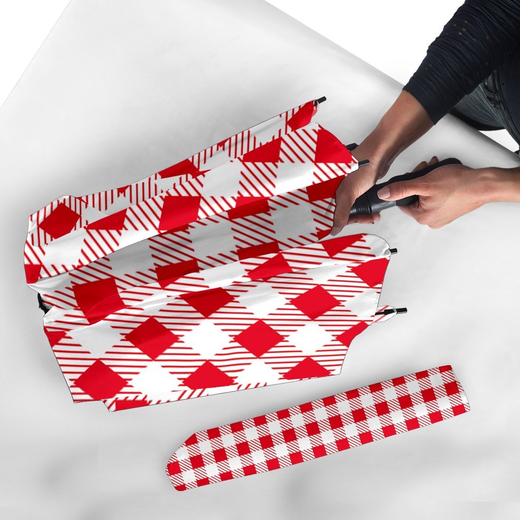 Gingham Red Pattern Print Automatic Foldable Umbrella-grizzshop