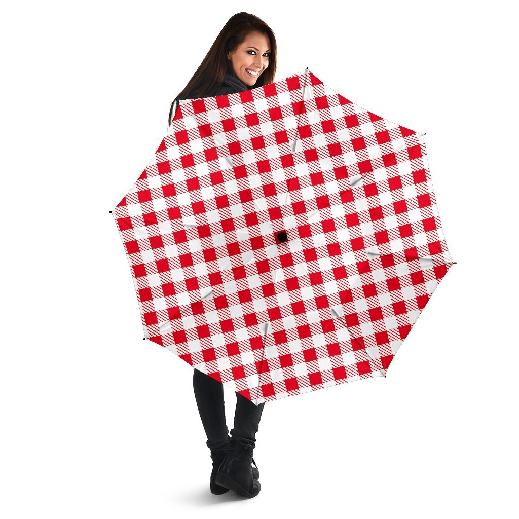 Gingham Red Pattern Print Automatic Foldable Umbrella-grizzshop