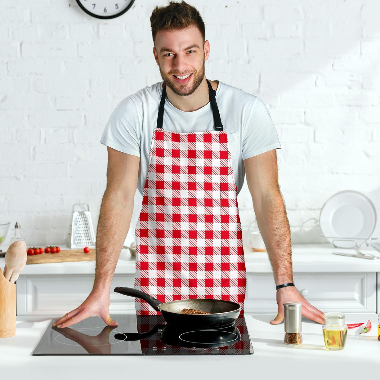 Gingham Red Pattern Print Men's Apron-grizzshop