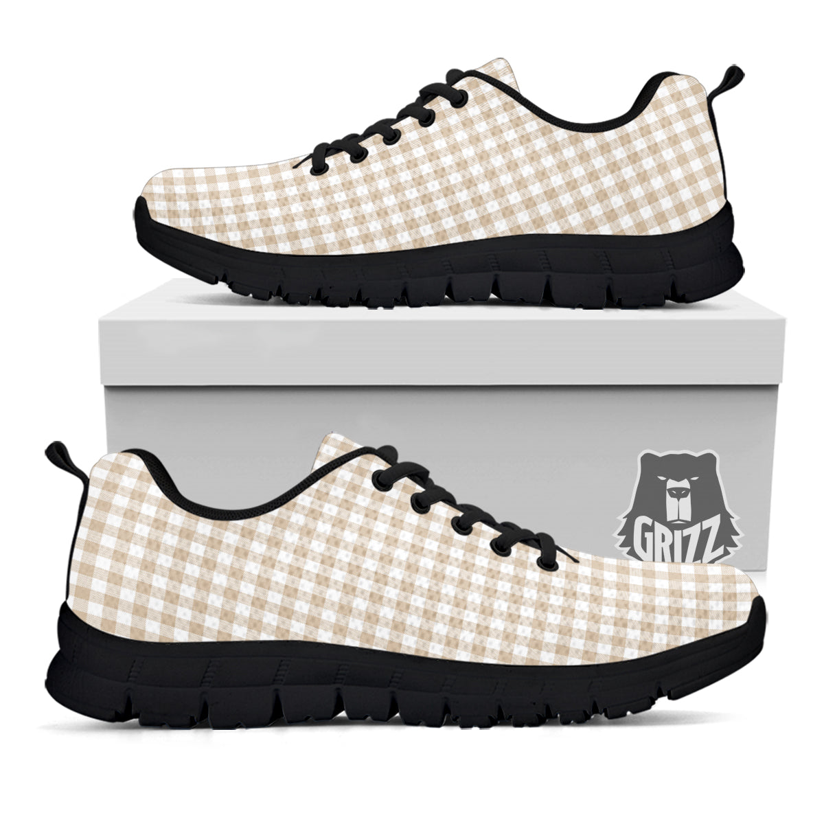 Gingham White And Beige Print Pattern Black Sneaker-grizzshop
