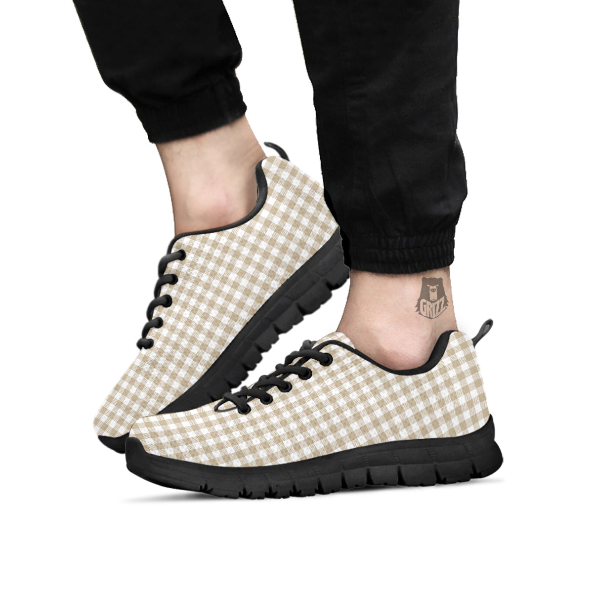 Gingham White And Beige Print Pattern Black Sneaker-grizzshop