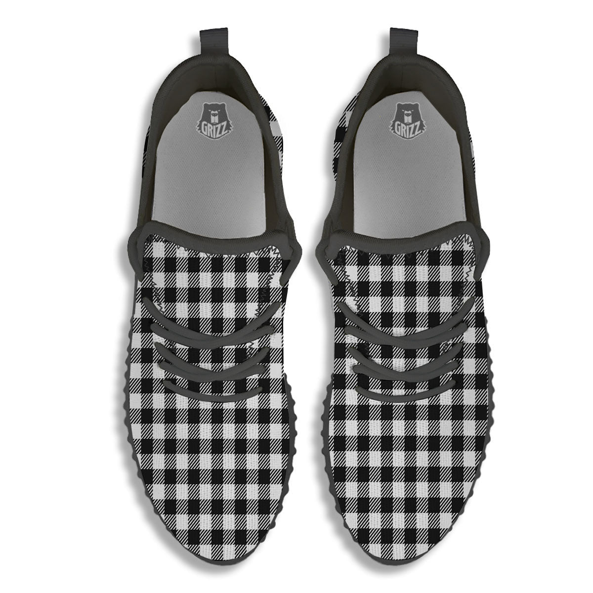 Gingham White And Black Print Pattern Black Walking Shoes-grizzshop