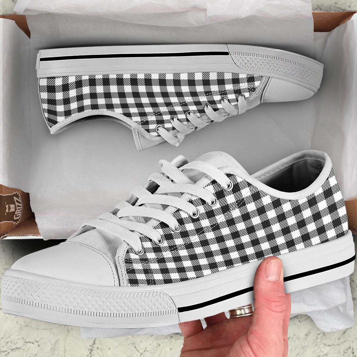Gingham White And Black Print Pattern White Low Top Shoes-grizzshop