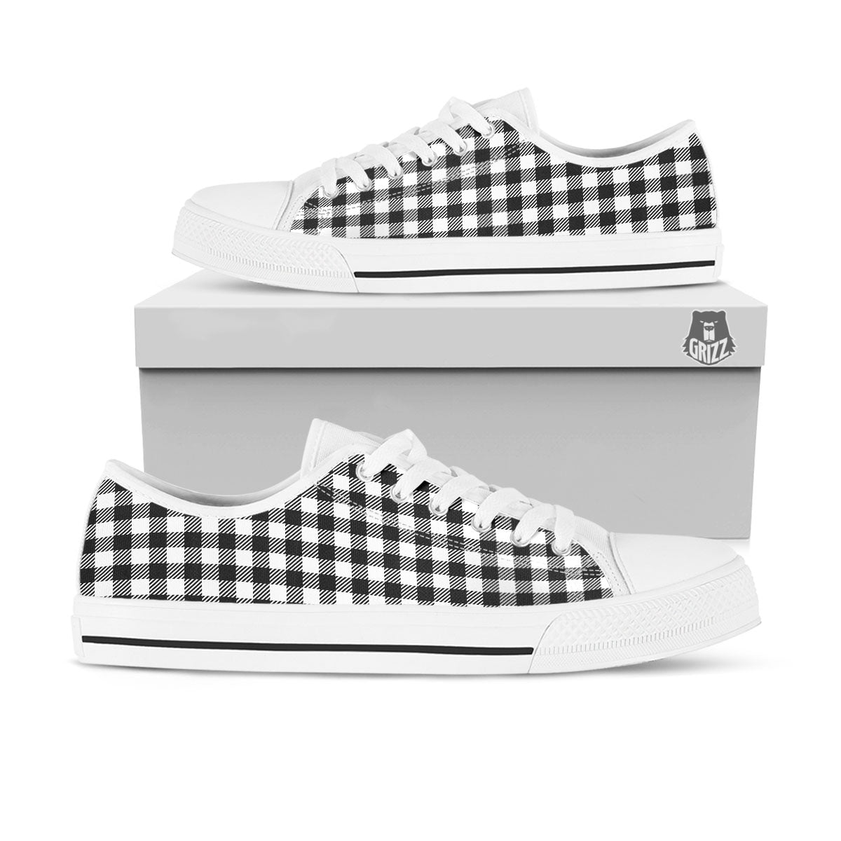 Gingham White And Black Print Pattern White Low Top Shoes-grizzshop