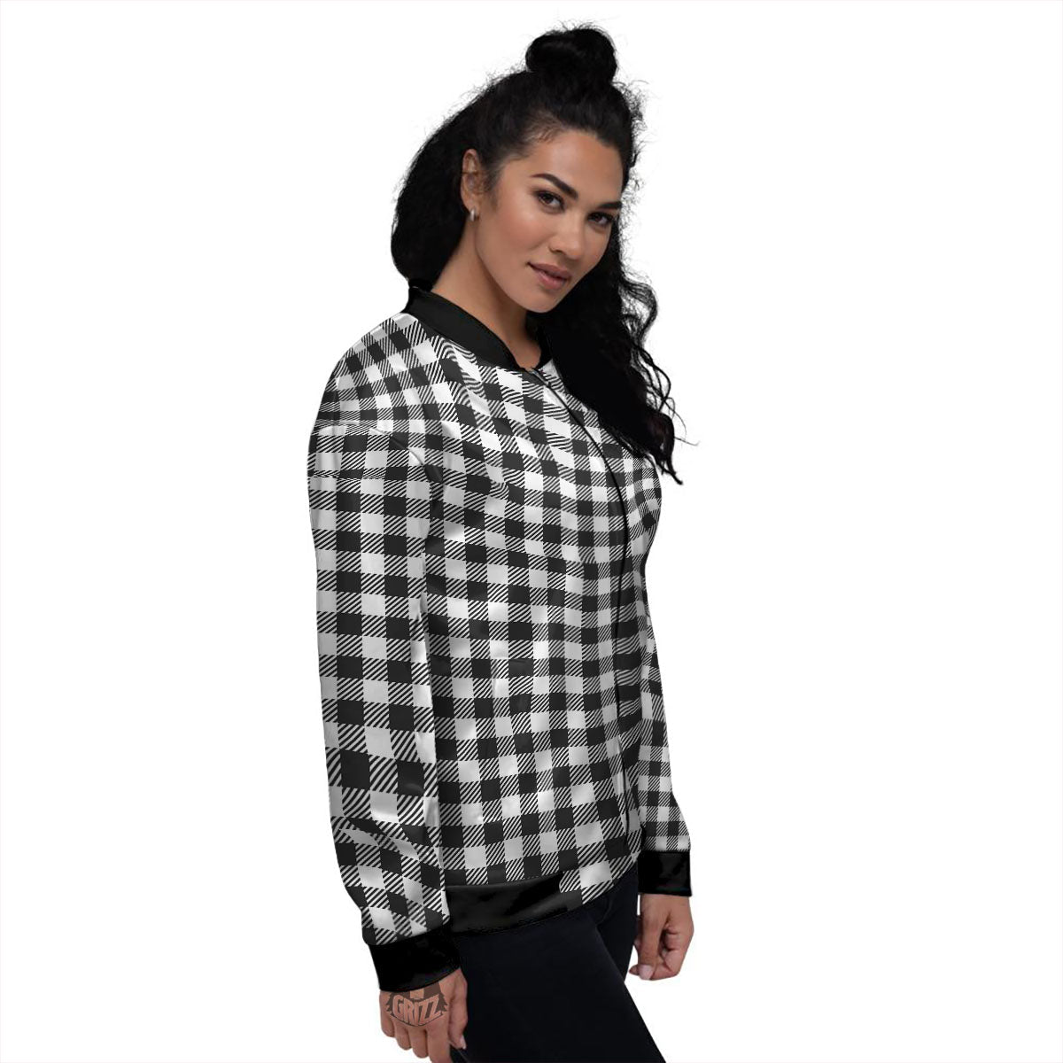 Gingham White And Black Print Pattern Women's Bomber Jacket-grizzshop