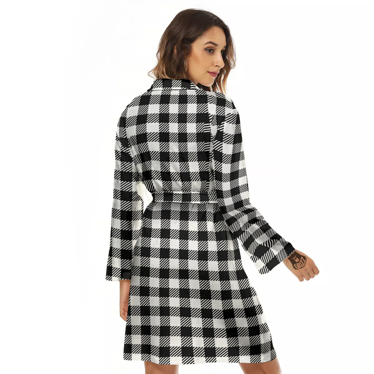 Gingham White And Black Print Pattern Women's Robe-grizzshop