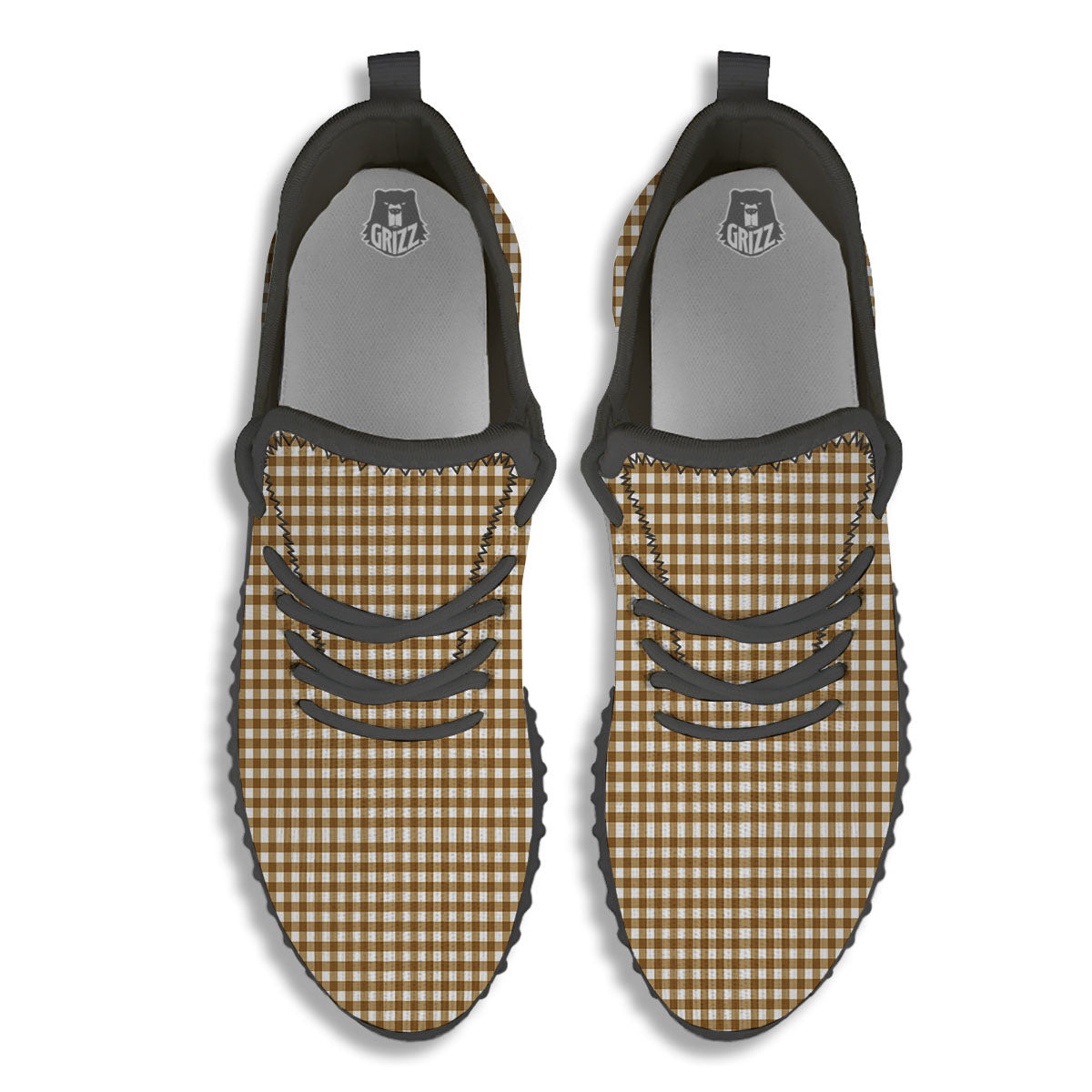 Gingham White And Brown Print Pattern Black Walking Shoes-grizzshop