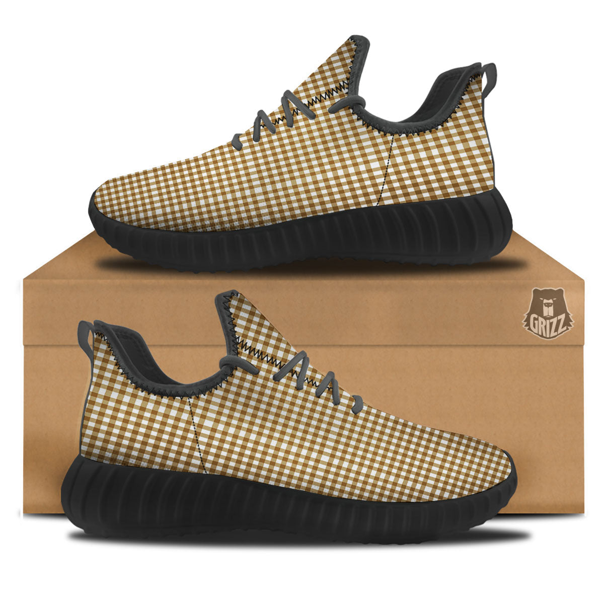 Gingham White And Brown Print Pattern Black Walking Shoes-grizzshop