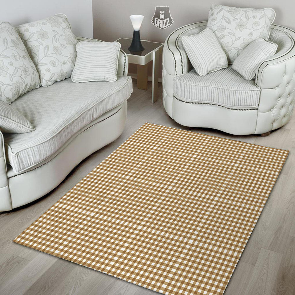 Gingham White And Brown Print Pattern Floor Mat-grizzshop