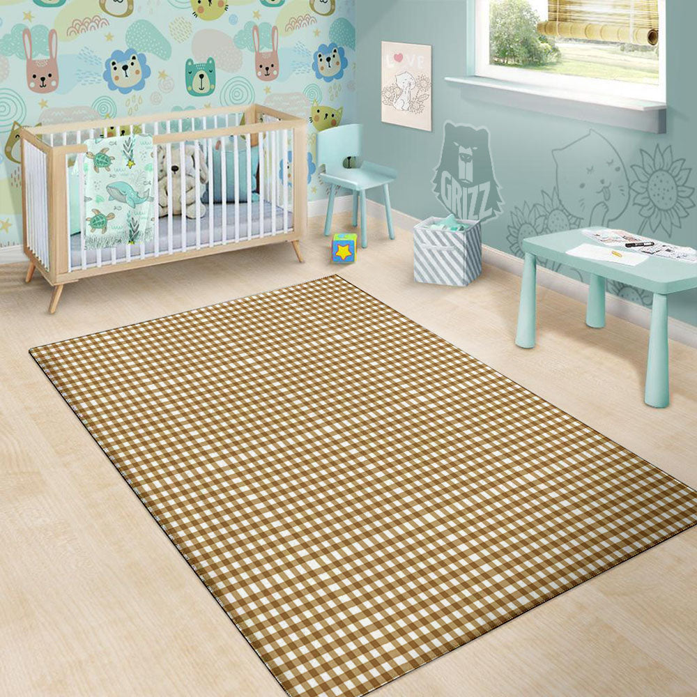 Gingham White And Brown Print Pattern Floor Mat-grizzshop