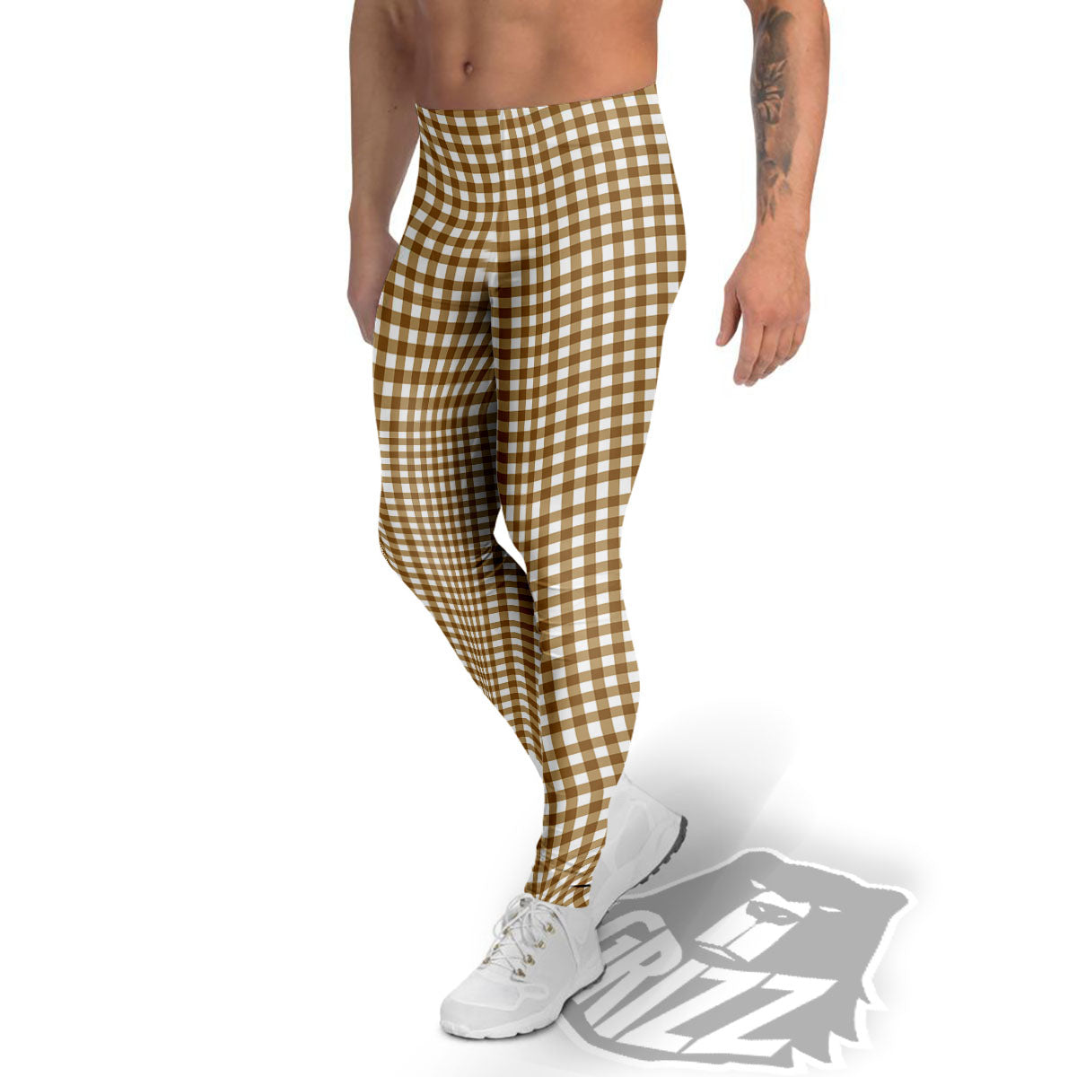 Gingham White And Brown Print Pattern Men's Leggings-grizzshop