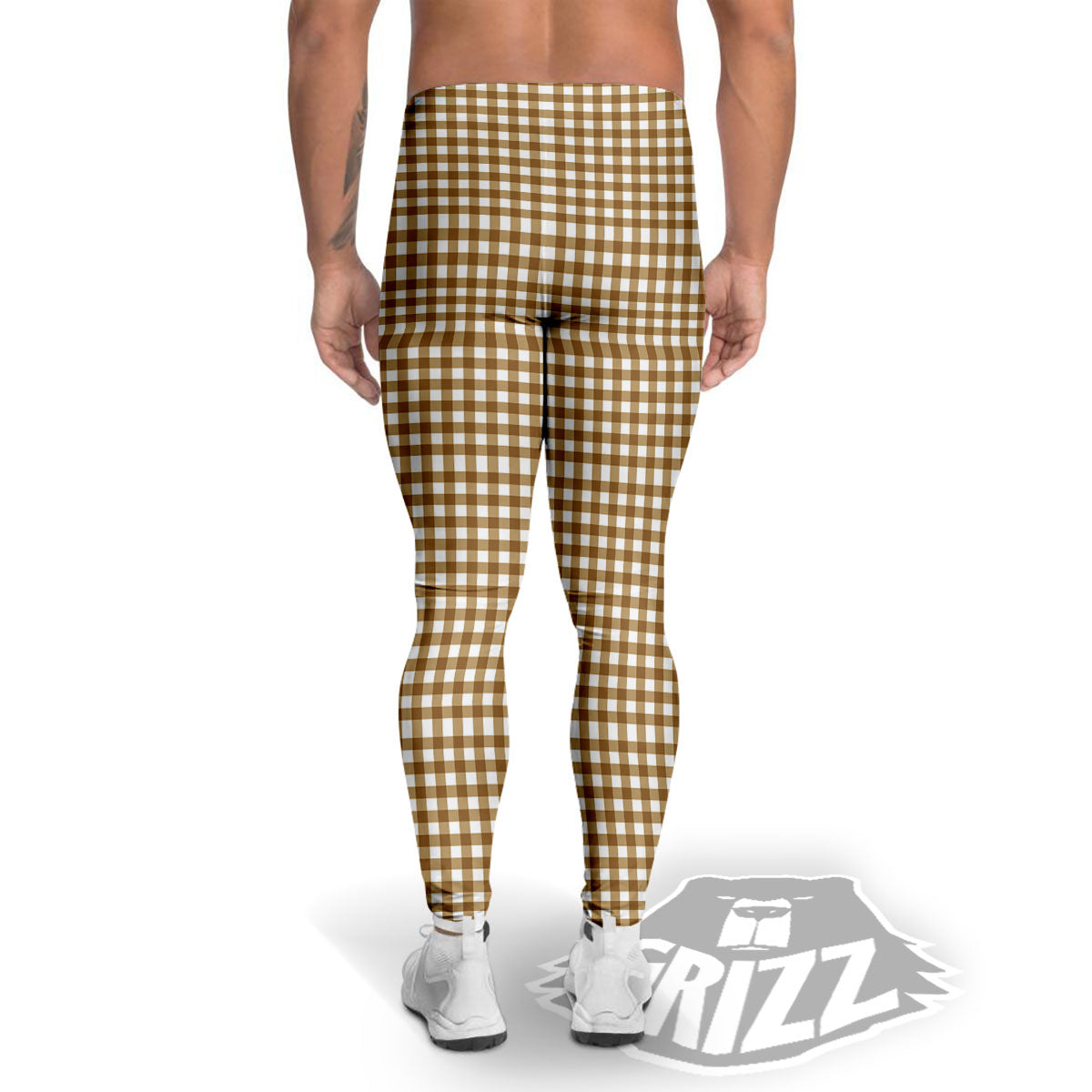 Gingham White And Brown Print Pattern Men's Leggings-grizzshop