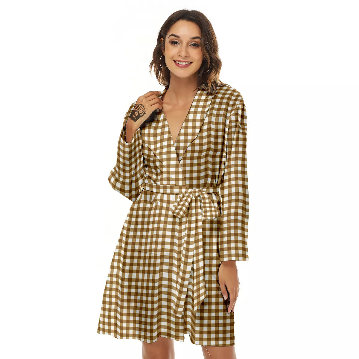 Gingham White And Brown Print Pattern Women's Robe-grizzshop