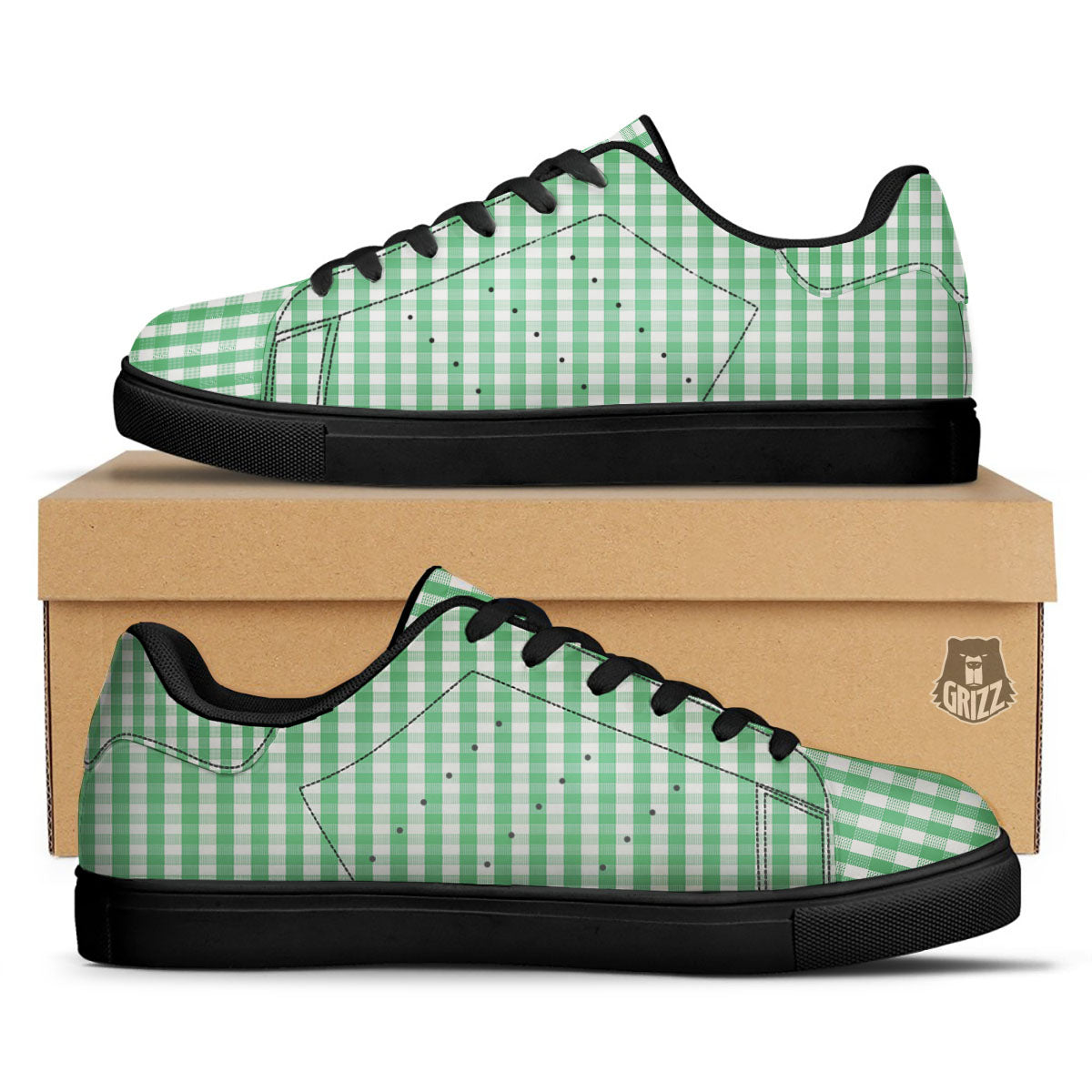 Gingham White And Green Print Pattern Black Low Top Sneakers-grizzshop