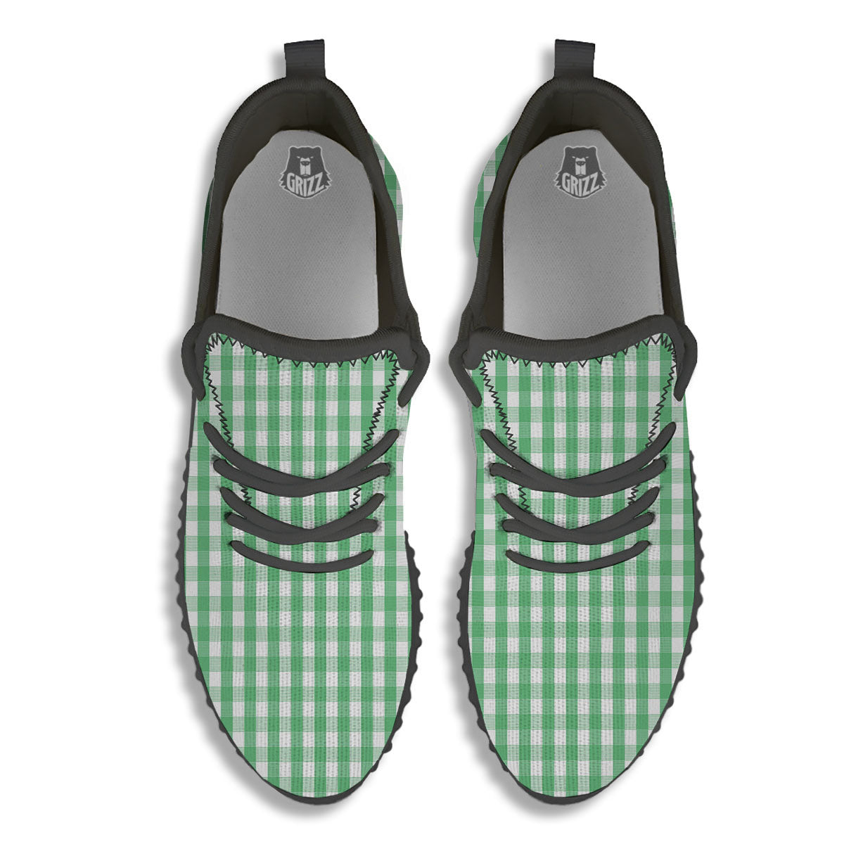 Gingham White And Green Print Pattern Black Walking Shoes-grizzshop