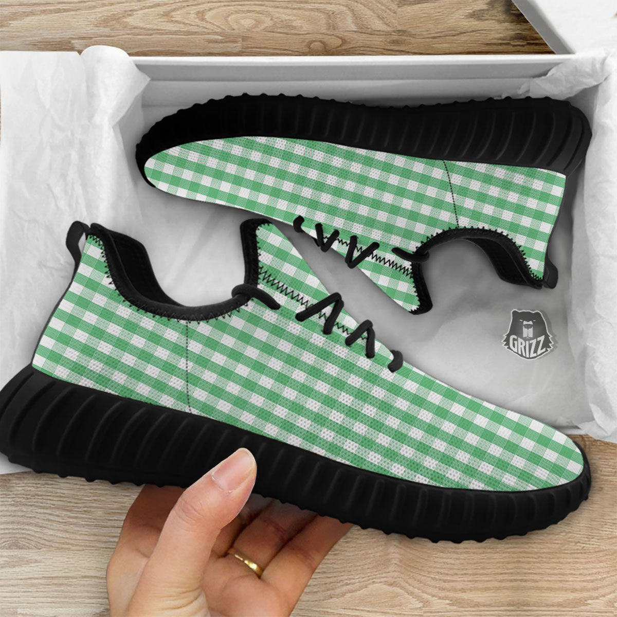 Gingham White And Green Print Pattern Black Walking Shoes-grizzshop