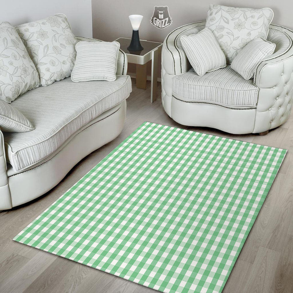 Gingham White And Green Print Pattern Floor Mat-grizzshop