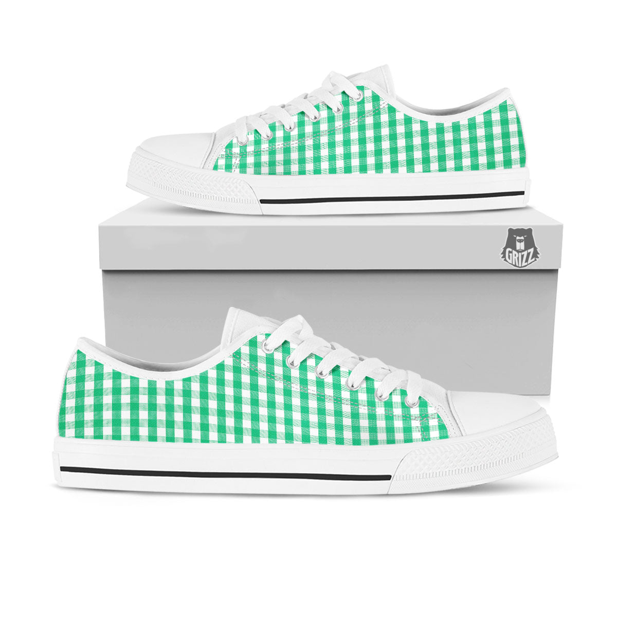 Gingham White And Green Print Pattern White Low Top Shoes-grizzshop