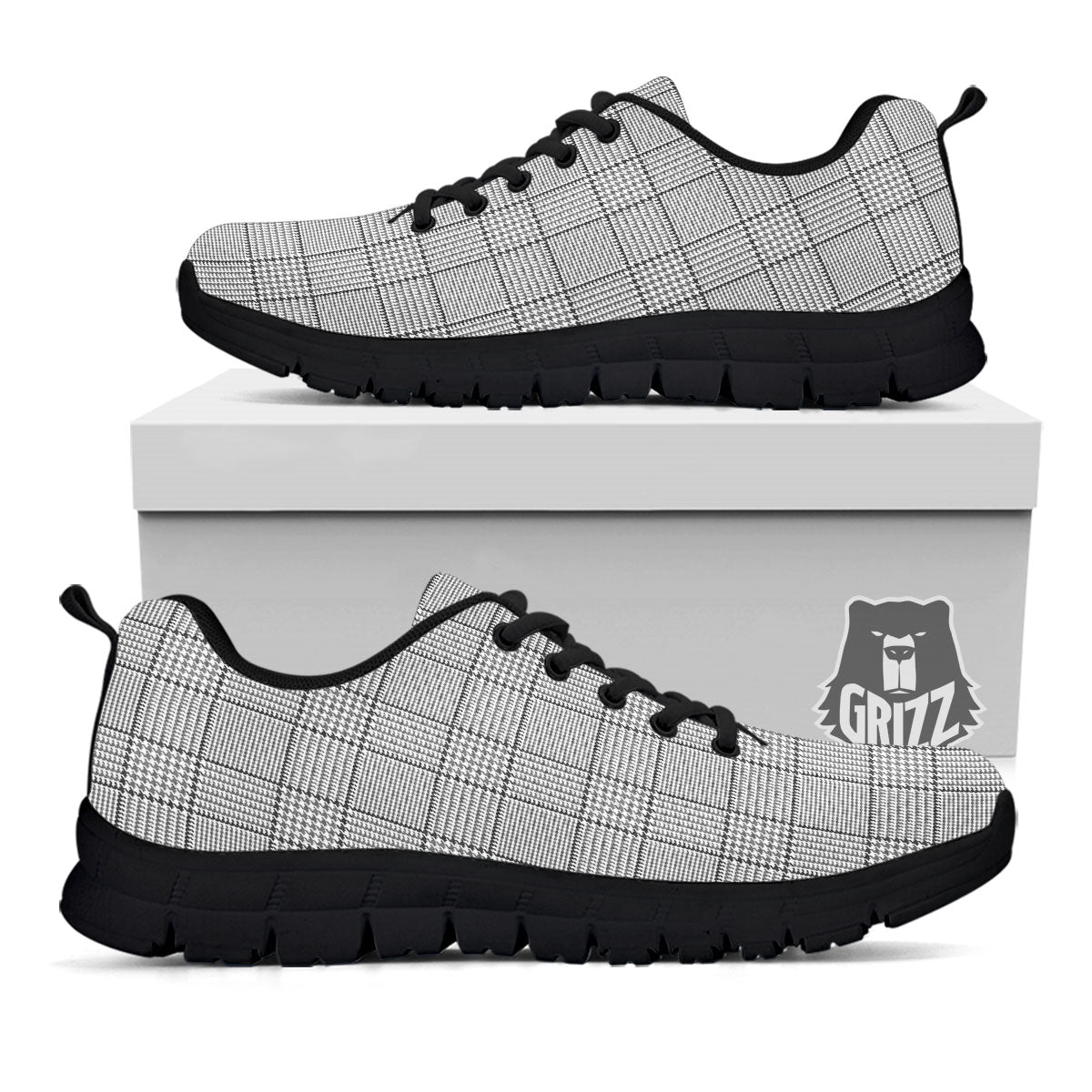 Gingham White And Grey Print Pattern Black Sneaker-grizzshop