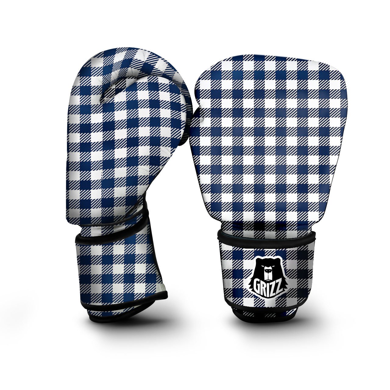 Gingham White And Navy Print Pattern Boxing Gloves-grizzshop
