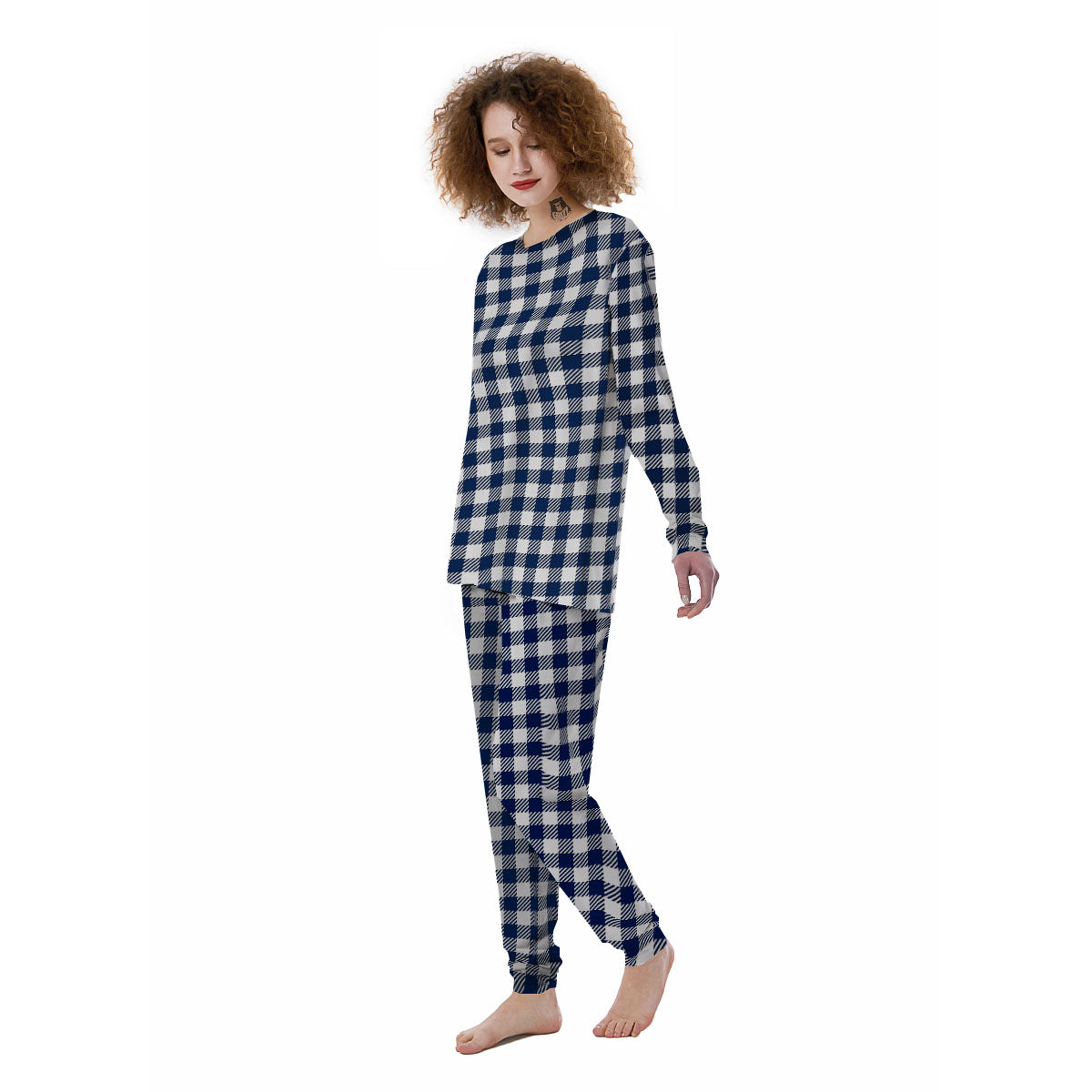 Gingham White And Navy Print Pattern Women's Pajamas-grizzshop