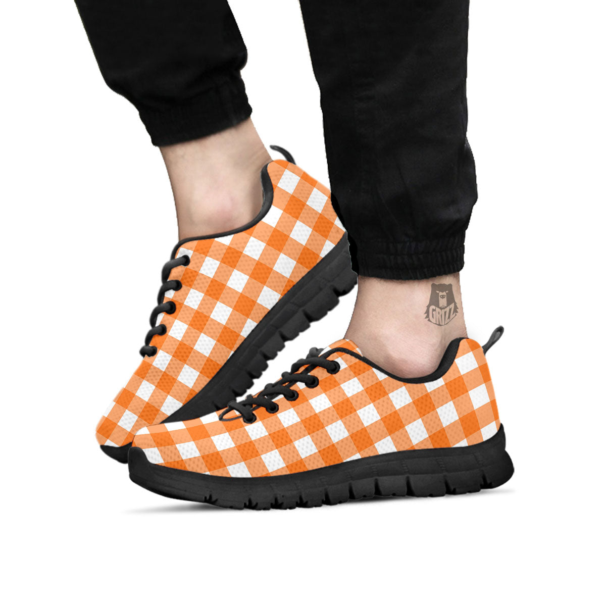 Gingham White And Orange Print Pattern Black Sneaker-grizzshop