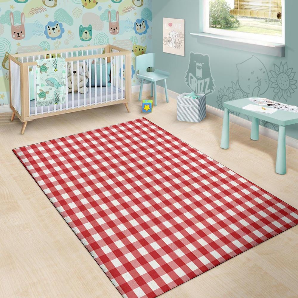 Gingham White And Red Print Pattern Floor Mat-grizzshop