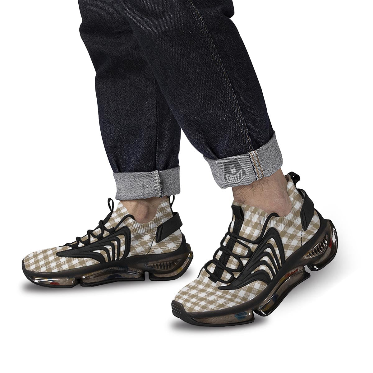 Gingham White And Tan Print Pattern Black Gym Shoes-grizzshop