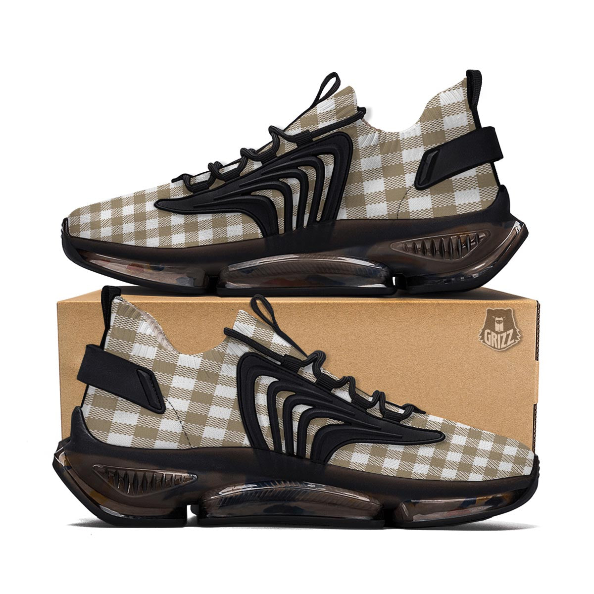 Gingham White And Tan Print Pattern Black Gym Shoes-grizzshop