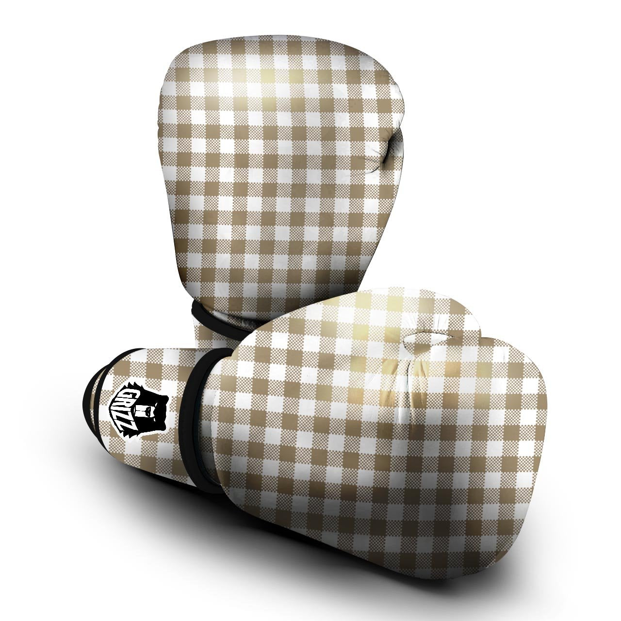 Gingham White And Tan Print Pattern Boxing Gloves-grizzshop