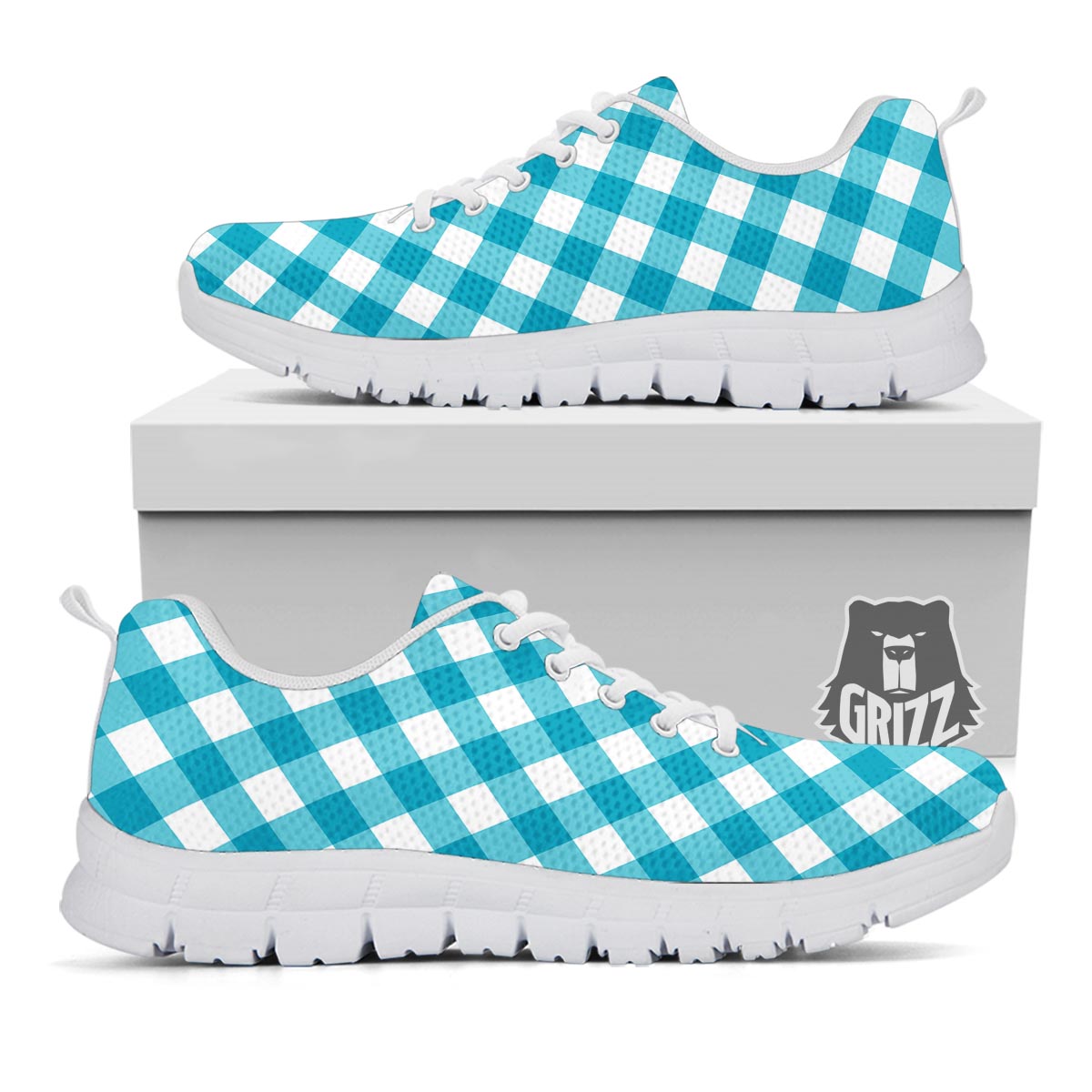 Gingham White And Teal Print Pattern White Sneaker-grizzshop